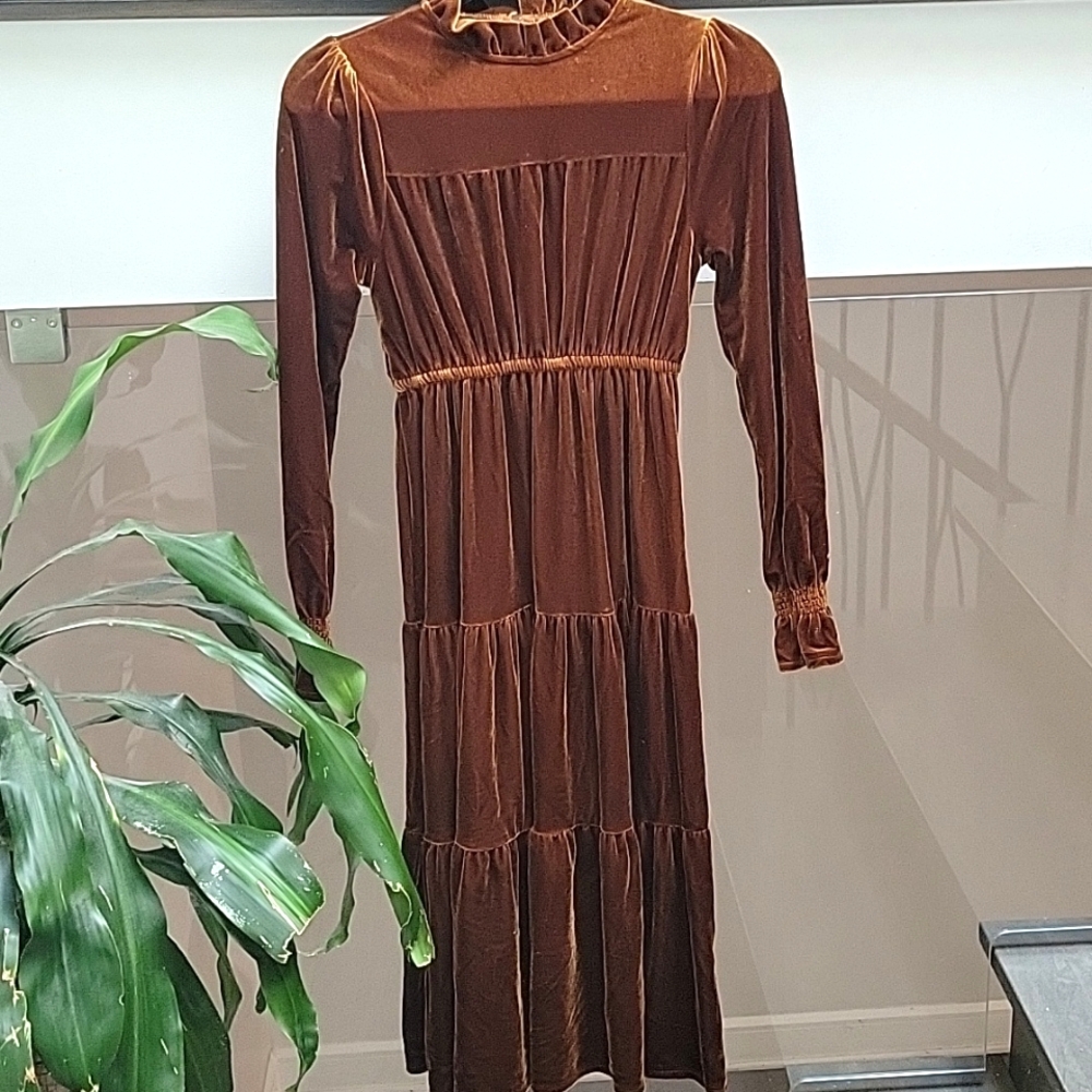 Simons Rich Brown/caramel Color  Velvet Long Sleeve Dress